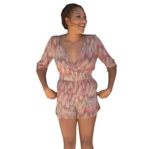 Charlie Jade Tan, Pink, White Abstract Stripe Silk Shorts Romper M